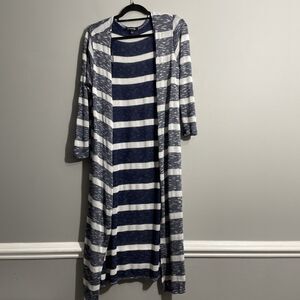 Ups & Down Women’s Duster Large Blue White Striped Long Cardigan Coastal Chic